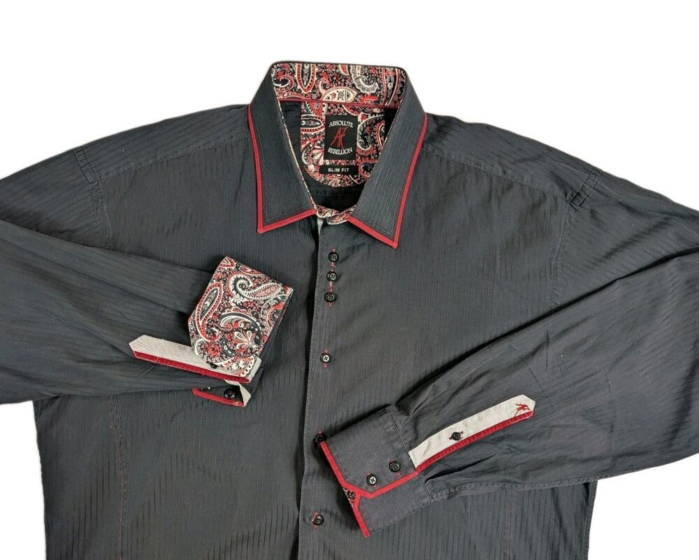 Absolute Rebellion Mens Black Paisley Shirt Slim Fit Embroidered Long Sleeve 3XL